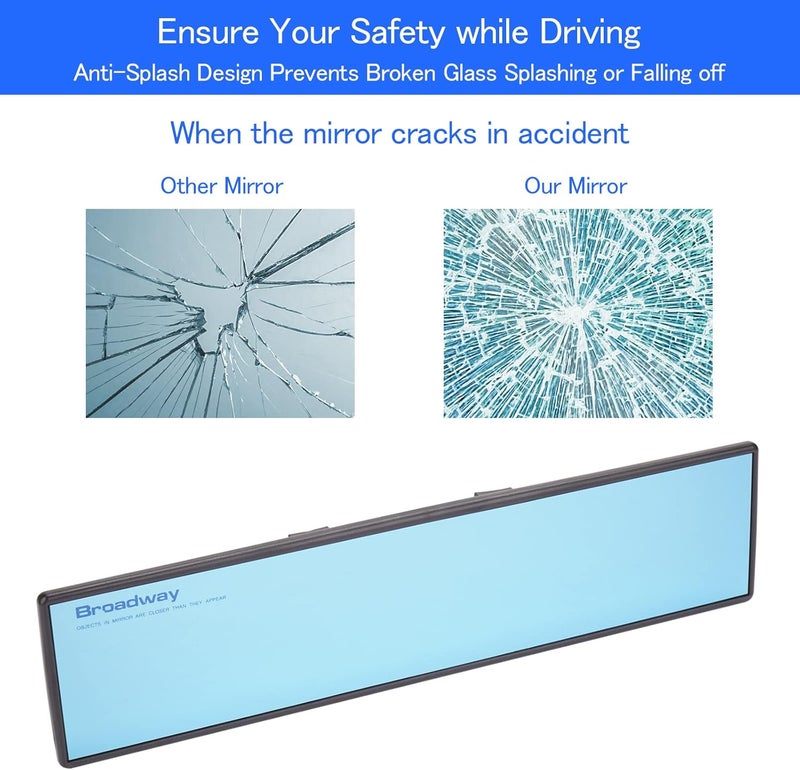 NINGFIST Broadway Car Rear View Mirror HD Anti Glare Universal 12 Inch large Field of View Panoramic Rearview Mirror with Wide Angle Blue Tint for Car SUV and Truck - Image 5